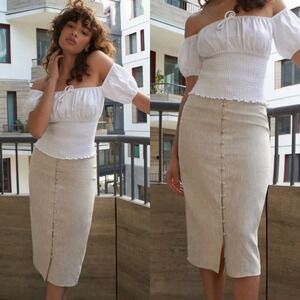 Reformation Fredo Oatmeal Linen Capsule Midi Skirt Button Front High Waist Sz 12